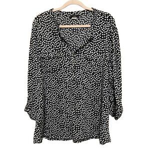 Cocomo Top Womens 3X Black White Polka Dot Stretchy Half Button Front Plus Size